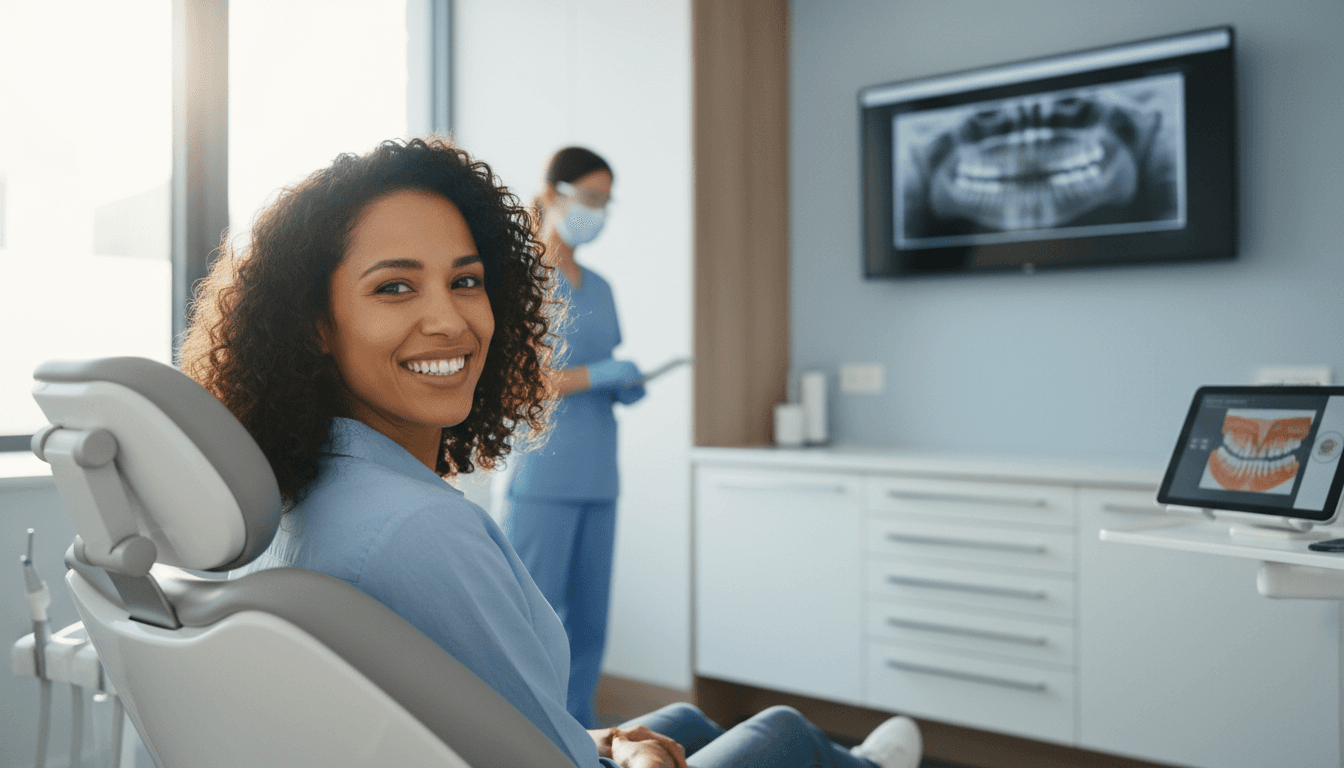 Dr Hadia Sher talking with a patient in a bright, modern dental clinic