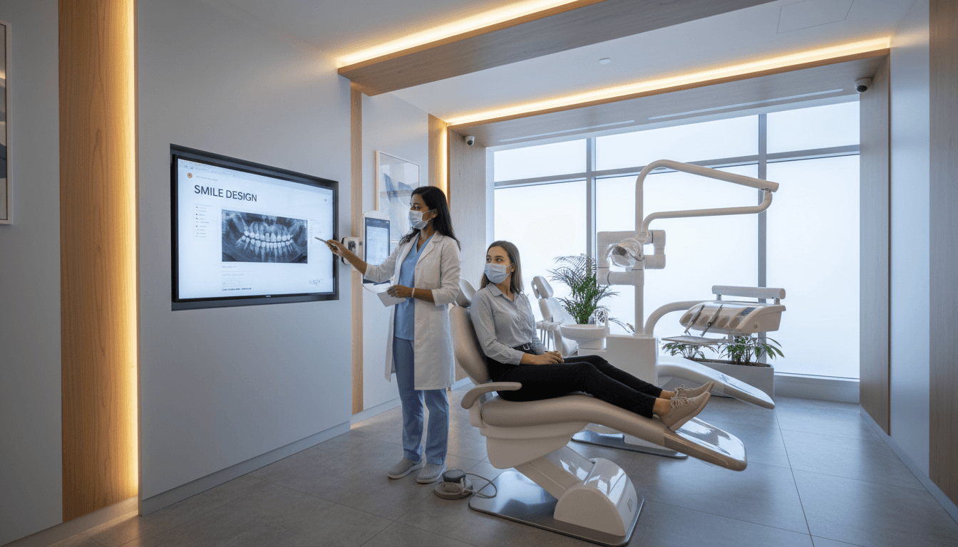 dentist speaking with patient in bright modern dental clinic
