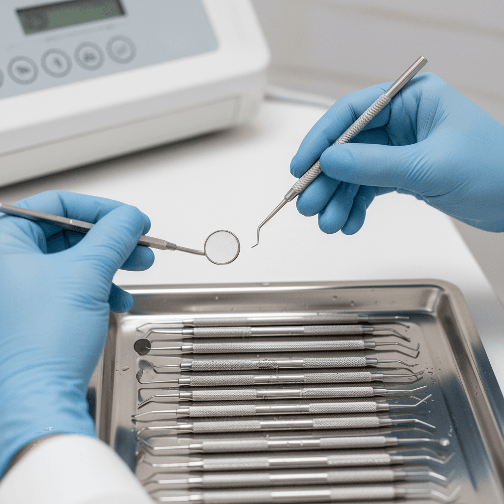 close up of dental tools on clean tray