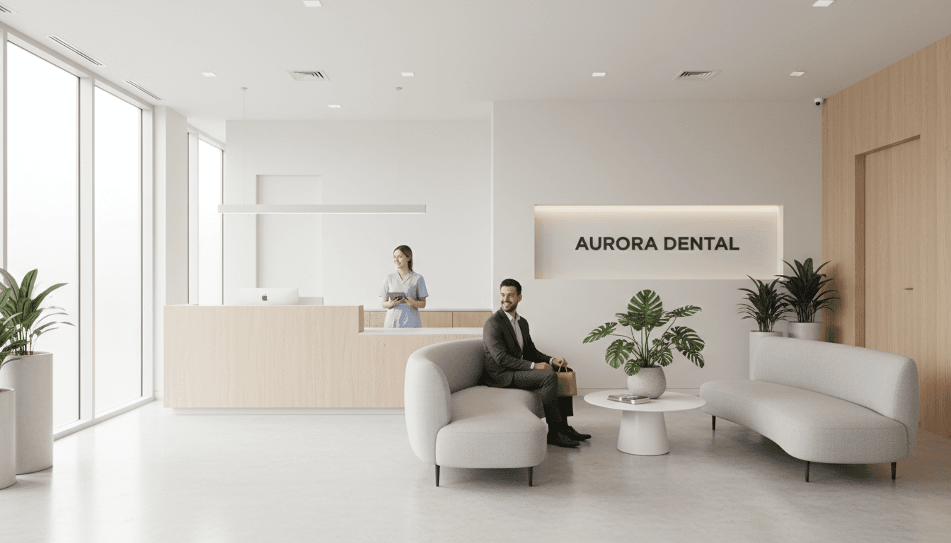 dental office reception desk with warm lighting